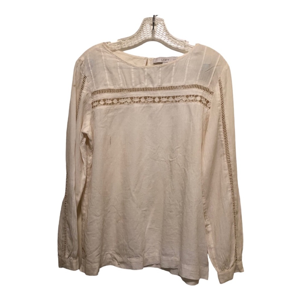 Loft Cutout-Trimmed Crew Neck Long Sleeve  Flowy Top Women's Size LP Tan